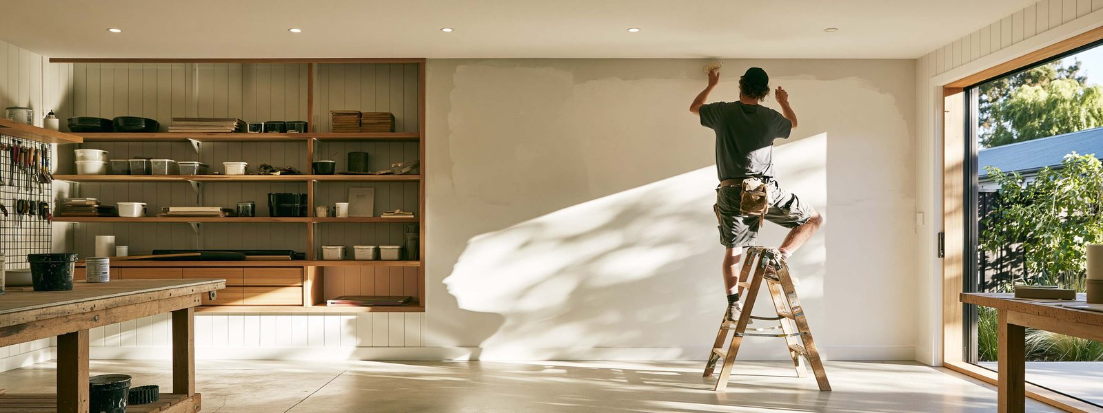 A finished garage workshop with the door open to the garden, bicycles and a workbench along the wall